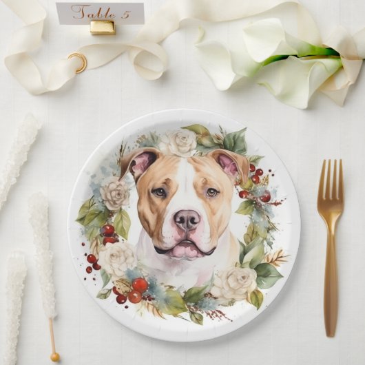アメリカ（犬）スタッフォードクリスマスリースフェスティバル ペーパープレート (ウェディング)