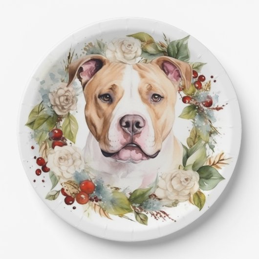 アメリカ（犬）スタッフォードクリスマスリースフェスティバル ペーパープレート (正面)