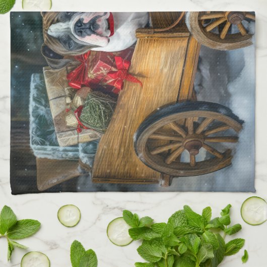 アメリカ（犬）スタッフォードスノウィースリークリスマス キッチンタオル (折り畳み)