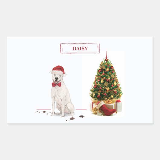 アメリカ（犬）スタッフォードテリアおもしろいークリスマスドッグ 長方形シール (正面)