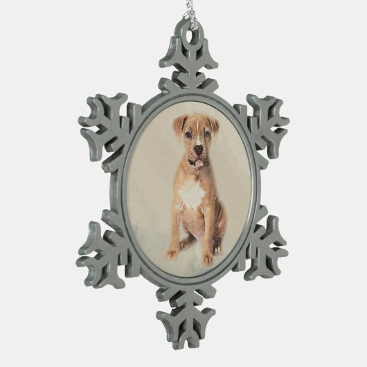アメリカ（犬）スタッフォードテリアの子犬のスケッチのペンキ スノーフレークピューターオーナメント (左)