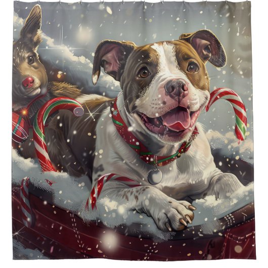 アメリカ(犬)スタッフォードドッグクリスマスフェスティバル シャワーカーテン (正面)