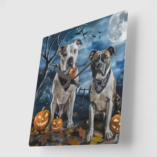 アメリカ（犬）スタッフォードハロウィン不気味 スクエア壁時計 (傾斜)