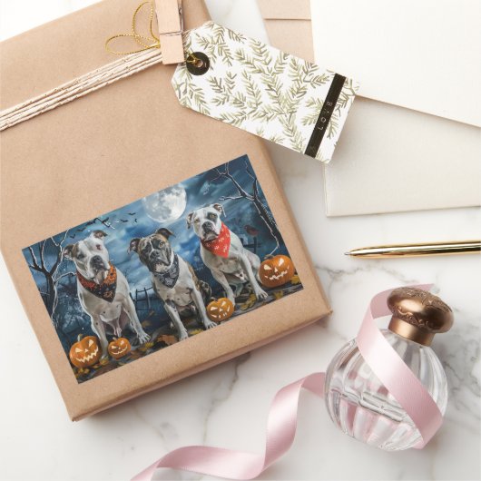 アメリカ（犬）スタッフォードハロウィン不気味 長方形シール (ギフト)