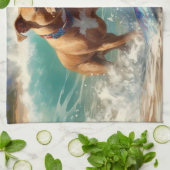 アメリカ(犬)スタッフォードビーチ絵画サーフィン キッチンタオル (折り畳み)