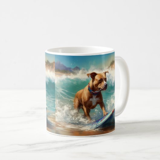 アメリカ(犬)スタッフォードビーチ絵画サーフィン コーヒーマグカップ (正面右)