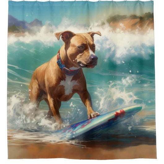 アメリカ（犬）スタッフォードビーチ絵画サーフィン シャワーカーテン (正面)