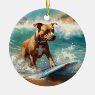 アメリカ(犬)スタッフォードビーチ絵画サーフィン セラミックオーナメント