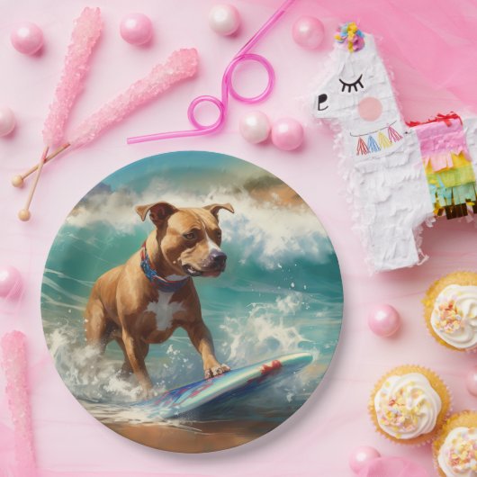 アメリカ（犬）スタッフォードビーチ絵画サーフィン ペーパープレート (パーティー)