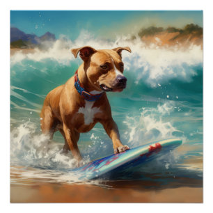 アメリカ(犬)スタッフォードビーチ絵画サーフィン ポスター