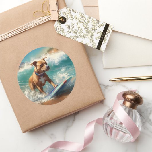 アメリカ(犬)スタッフォードビーチ絵画サーフィン ラウンドシール (ギフト)