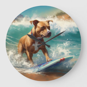 アメリカ(犬)スタッフォードビーチ絵画サーフィン ラージ壁時計