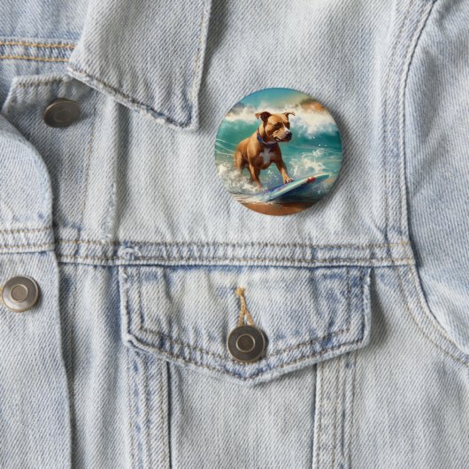 アメリカ(犬)スタッフォードビーチ絵画サーフィン 缶バッジ (インサイチュ)