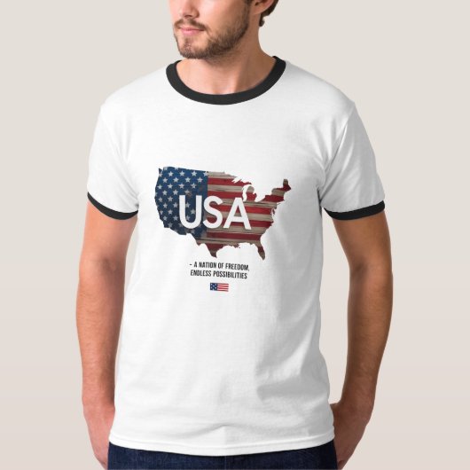 アメリカ – 自由の国 | レトロ愛国的リンガー Tシャツ (正面)