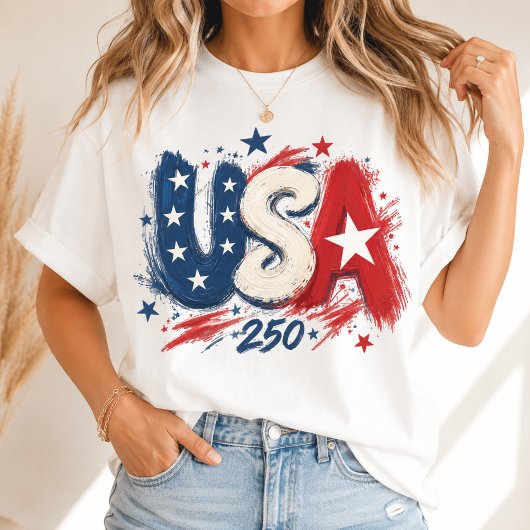 アメリカ 250 ブラシストローク スター 赤 白 青 Tシャツ