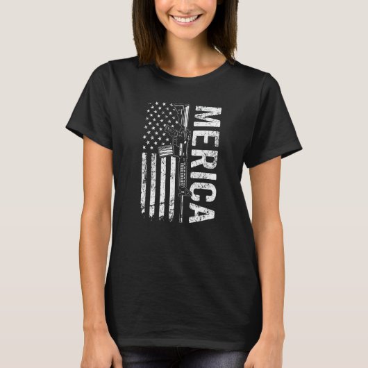 アメリカ AR15 銃 アメリカ国旗 プロ銃器 第二修正 Tシャツ (正面)