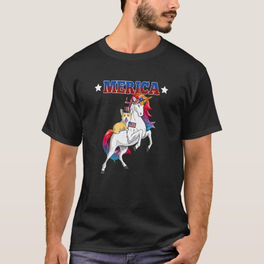 アメリカCorgi Dog Unicornアメリカ国旗4日 Tシャツ (正面)