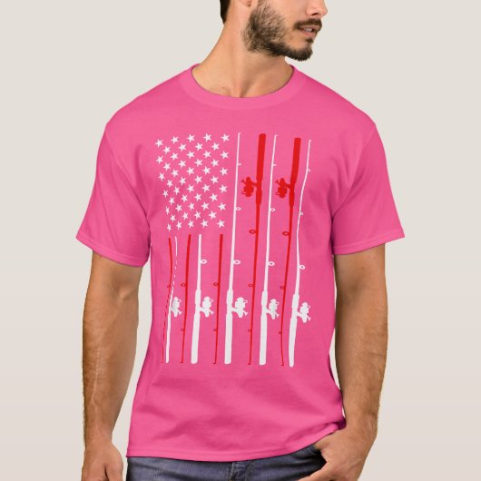 アメリクールカ国旗魚釣りロッド魚釣り Tシャツ (正面)