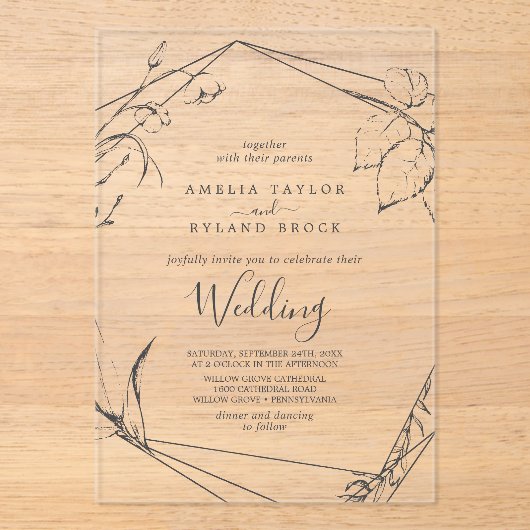 アメリモダンア素朴ボホエレガントフローラ結婚ズ アクリル招待状 (正面)