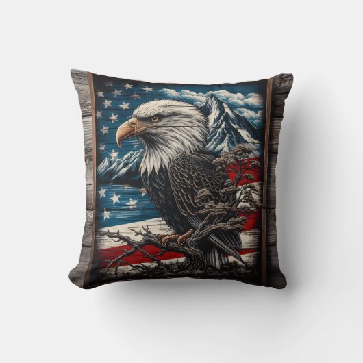 アメリ威厳のあるカ国旗の背景に対するワシ クッション (正面)