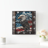 アメリ威厳のあるカ国旗の背景に対するワシ スクエア壁時計 (ホーム)