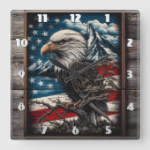 アメリ威厳のあるカ国旗の背景に対するワシ スクエア壁時計 (正面)