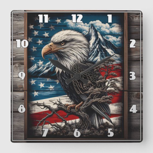 アメリ威厳のあるカ国旗の背景に対するワシ スクエア壁時計 (正面)