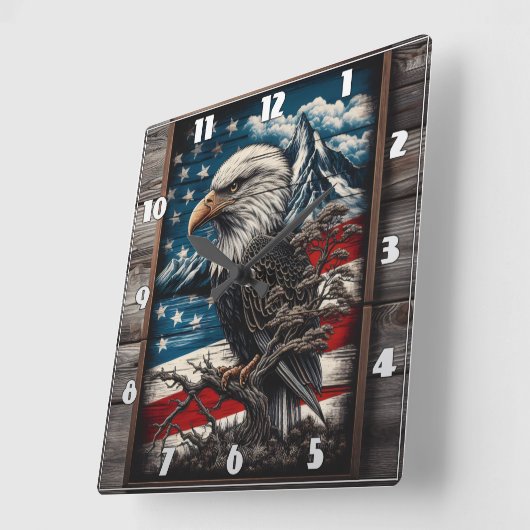 アメリ威厳のあるカ国旗の背景に対するワシ スクエア壁時計 (傾斜)
