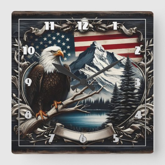 アメリ威厳のあるカ国旗の背景を持つワシ スクエア壁時計 (正面)