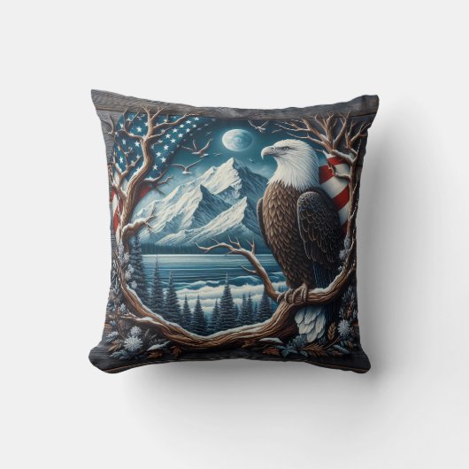 アメリ威厳のあるカ国旗を掲げて木に止まったワシ クッション (正面)