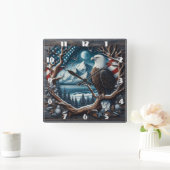 アメリ威厳のあるカ国旗を掲げて木に止まったワシ スクエア壁時計 (ホーム)