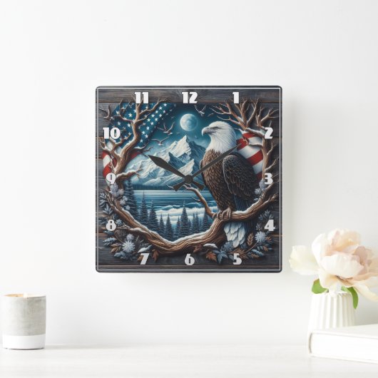 アメリ威厳のあるカ国旗を掲げて木に止まったワシ スクエア壁時計 (ホーム)