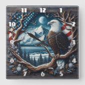 アメリ威厳のあるカ国旗を掲げて木に止まったワシ スクエア壁時計 (正面)