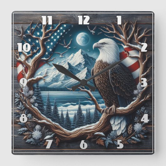 アメリ威厳のあるカ国旗を掲げて木に止まったワシ スクエア壁時計 (正面)