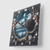 アメリ威厳のあるカ国旗を掲げて木に止まったワシ スクエア壁時計 (傾斜)