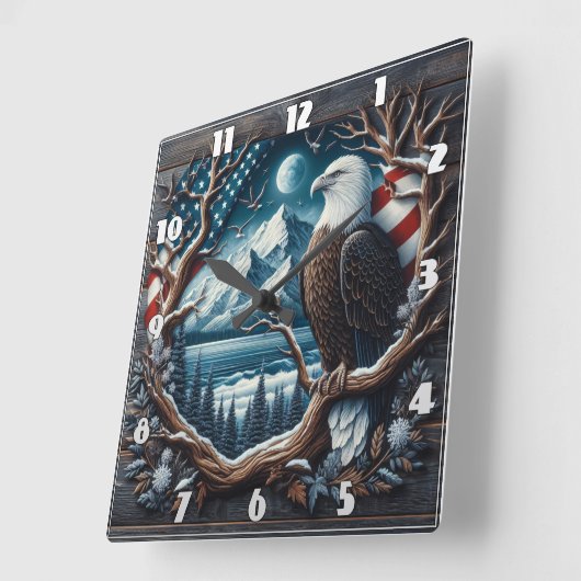 アメリ威厳のあるカ国旗を掲げて木に止まったワシ スクエア壁時計 (傾斜)