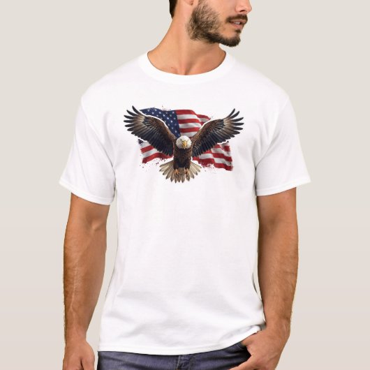 アメリ飛んでいるカ国旗を持つハゲのワシ Tシャツ (正面)