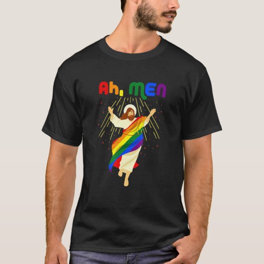 アメンズおもしろいLgbtqゲイプライドレインボーフラッグイエスCh Tシャツ (正面)