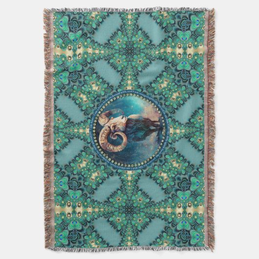 アメージングアリアリ〔占星術の〕十二宮図グリーンブルーフラクタルレース スローブランケット (正面縦)