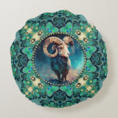 アメージングアリアリ〔占星術の〕十二宮図グリーンブルーフラクタルレース ラウンドクッション (裏面)