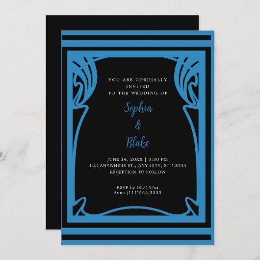 アメージング黒と青のアールデコ結婚ズ 招待状 (正面/裏面)