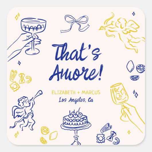 アモアだ！ブルー&イエローイタリアン婚約 スクエアシール (正面)