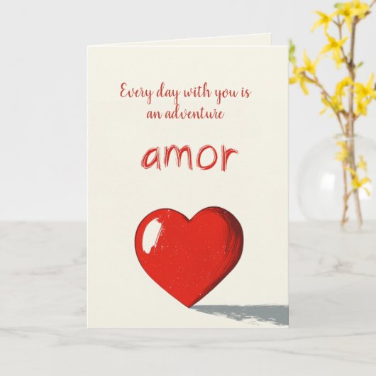 アモールとビッグ赤いハートベージュバレンタインデー カード (黄色い花)