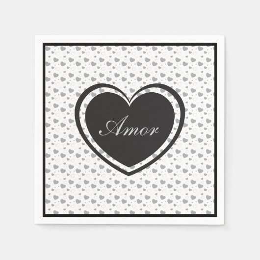 アモールグレイ光沢ハートかわいいロマンチックなパターン スタンダードカクテルナプキン (正面)