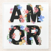 アモール、フローラ春かわいい愛ロマンチックな水色 ガラスコースター (正面)