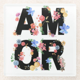 アモール、フローラ春かわいい愛ロマンチックな水色 ガラスコースター