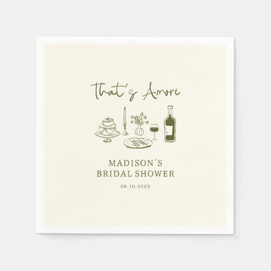 アモーレオリーブグリーンハンドドローブライダルシャワー スタンダードカクテルナプキン (正面)