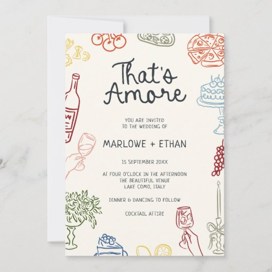 アモーレカラフル図解入りの、写真付きの結婚の 招待状 (正面)