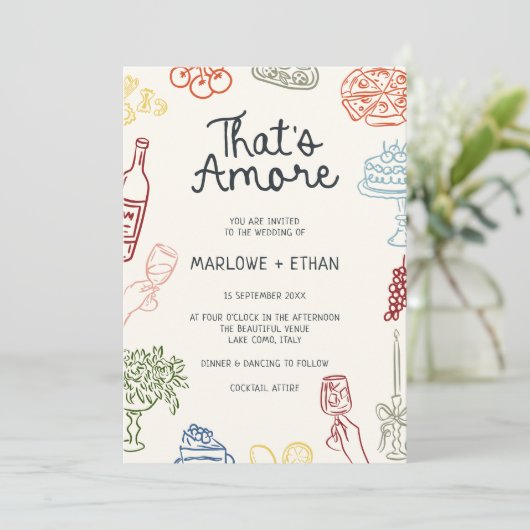 アモーレカラフル図解入りの、写真付きの結婚の 招待状 (スタンド正面)