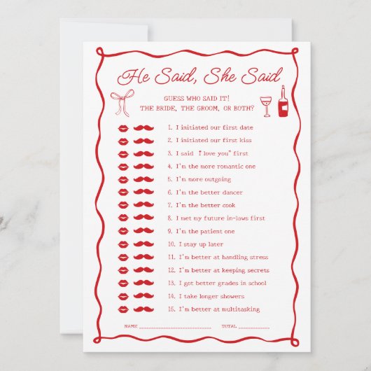 アモーレブライダルシャワー彼は彼女はゲームを言った 招待状 (正面)